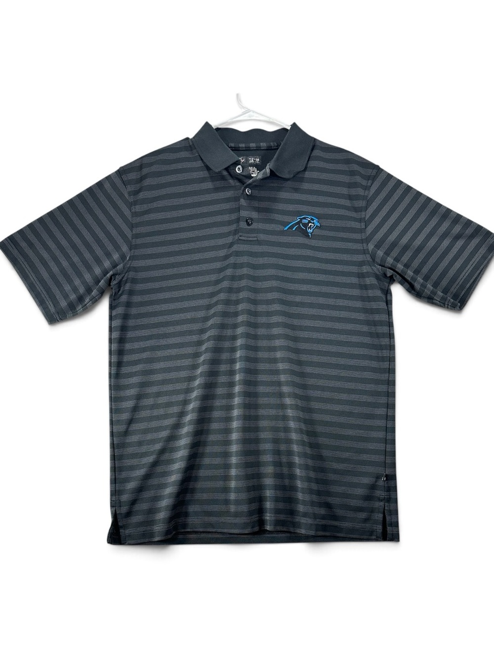 Men's L NFL Black And Gray Striped Polo with Carolina Panther Chest Logo